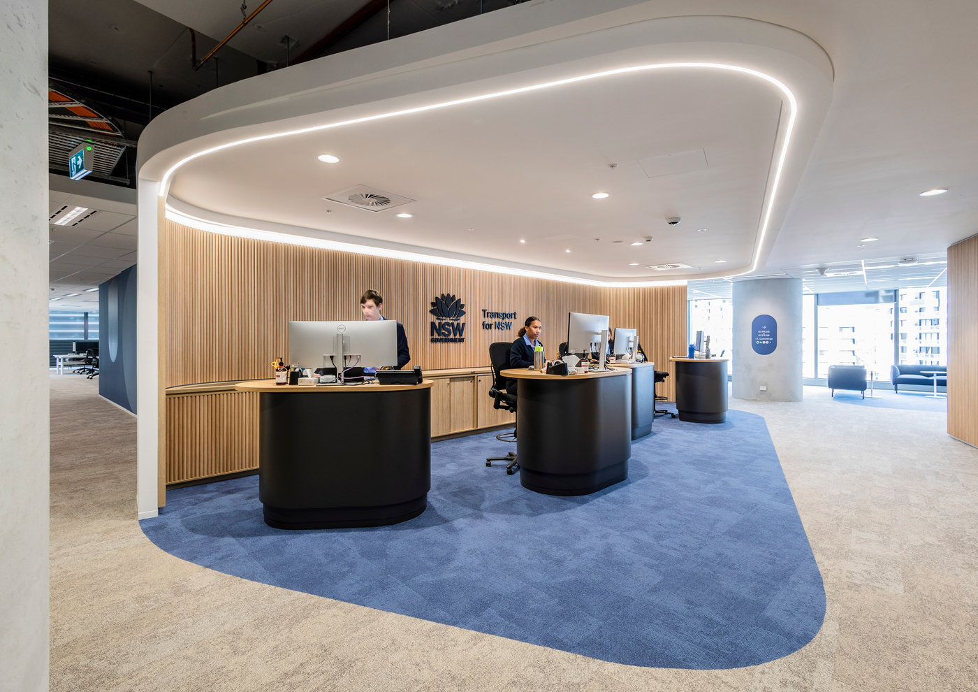 Transport for NSW customer service centre with curved plasterboard bulkhead ceiling and timber slat partition wall